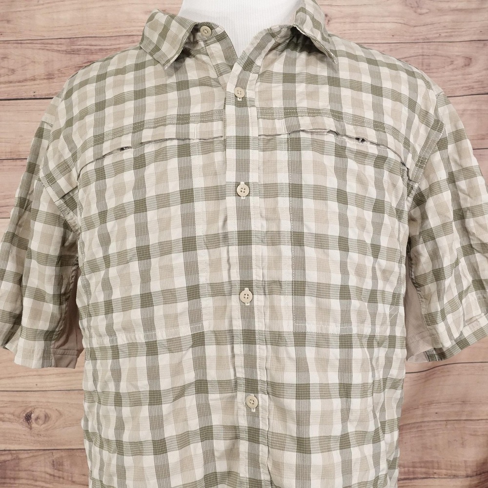REI Co-op Shirt Mens XL Beige‎ Plaid Short Sleeve Vented Fishing Button Front
